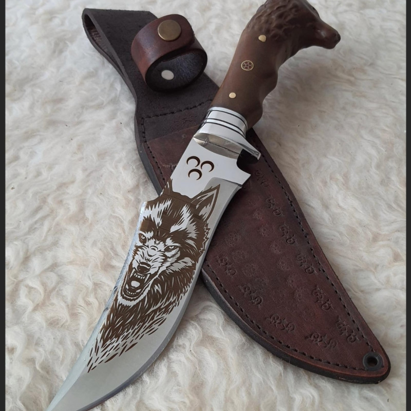 Kurtbaşlı Kurt Figürlü Kamp Bıçağı -(İsviçre Çakısı Hediyeli)